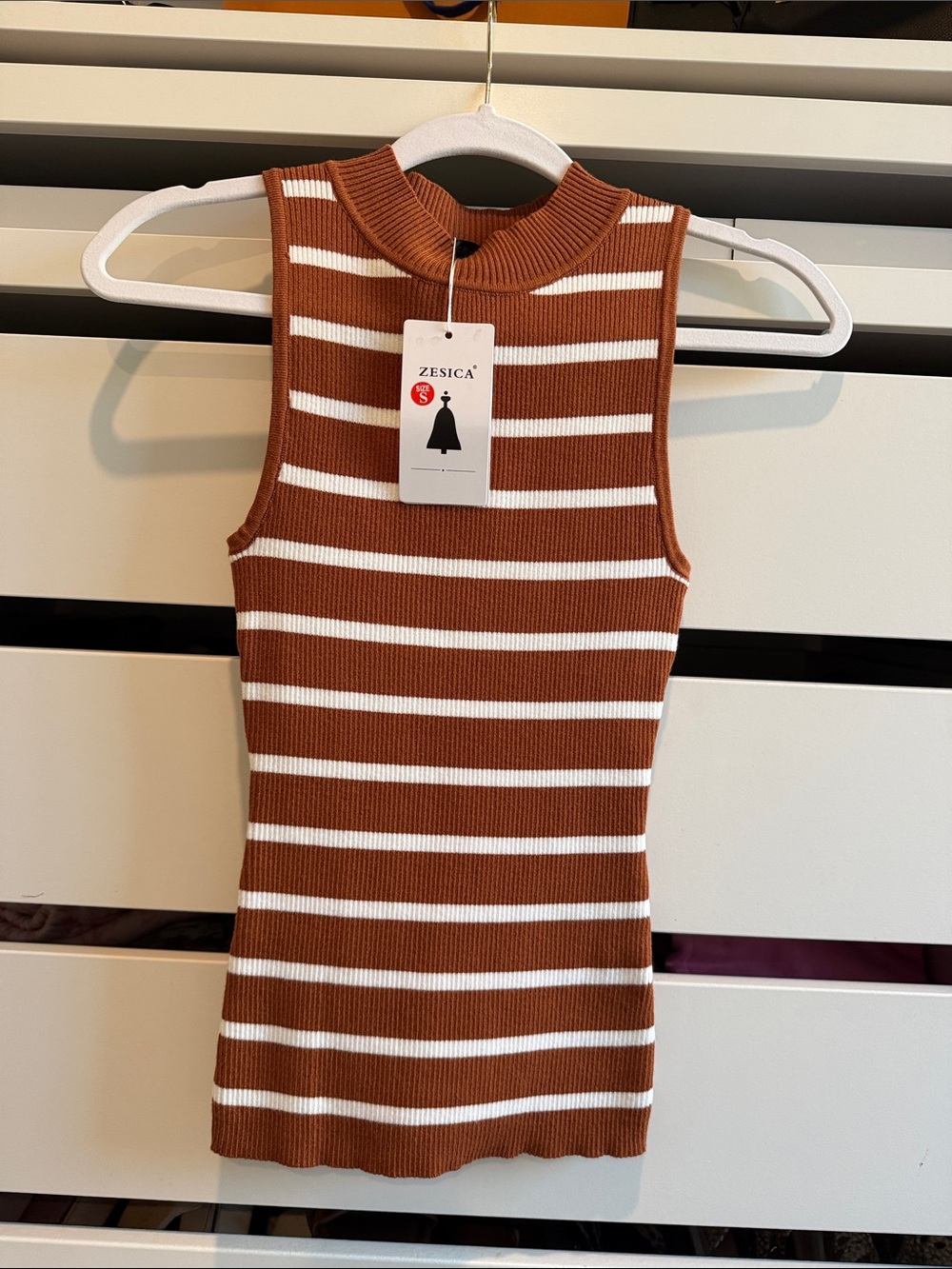 Zesica Brown & White Striped Ribbed Mock Neck Tank